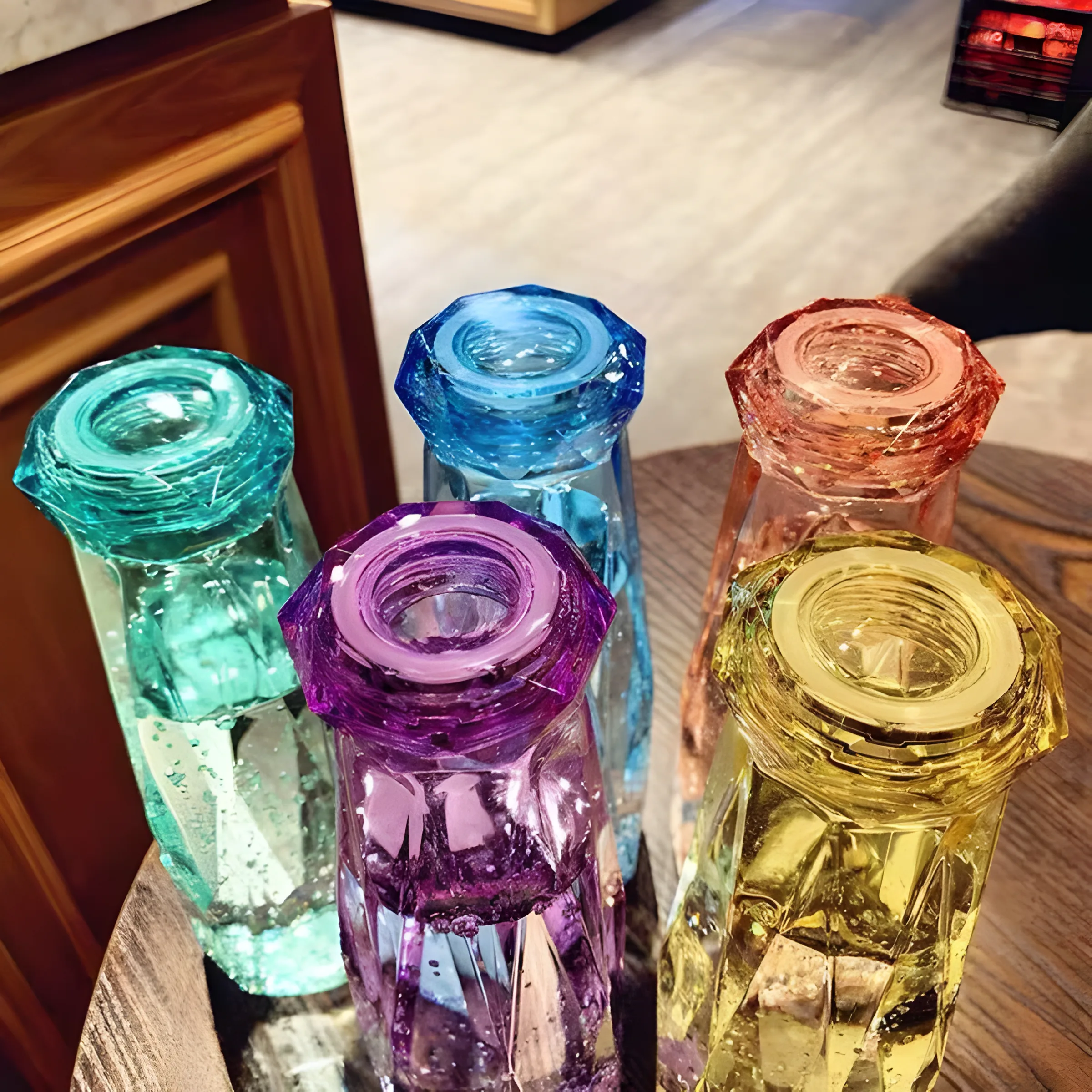 Smart Crystal Glass Colored Travel Water Bottles 500ML overview featuring green, blue, orange, purple, and yellow stylish crystal design leakproof travel bottles standing together