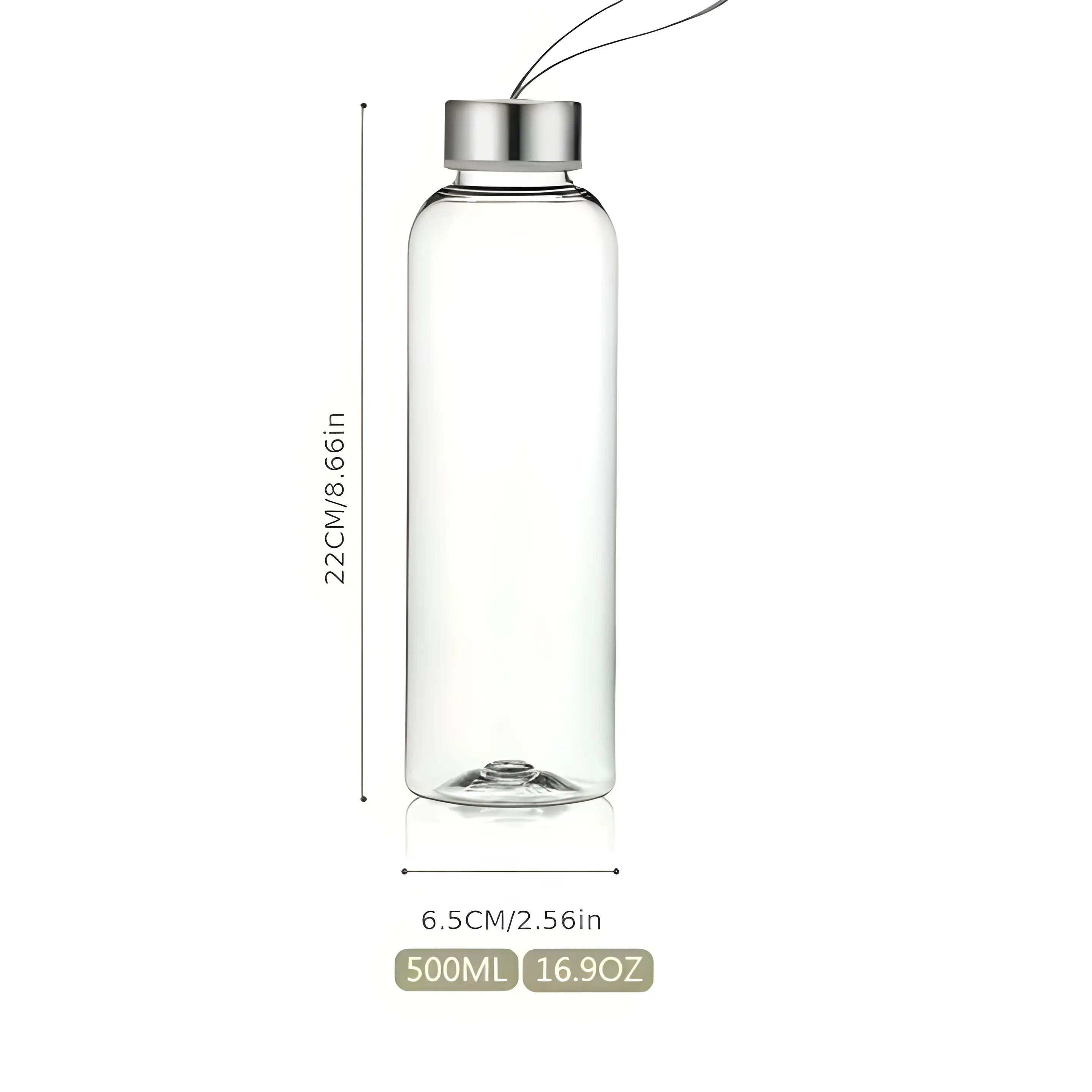 400ML glass water bottle with 22CM height and 6.5CM width size measurement display