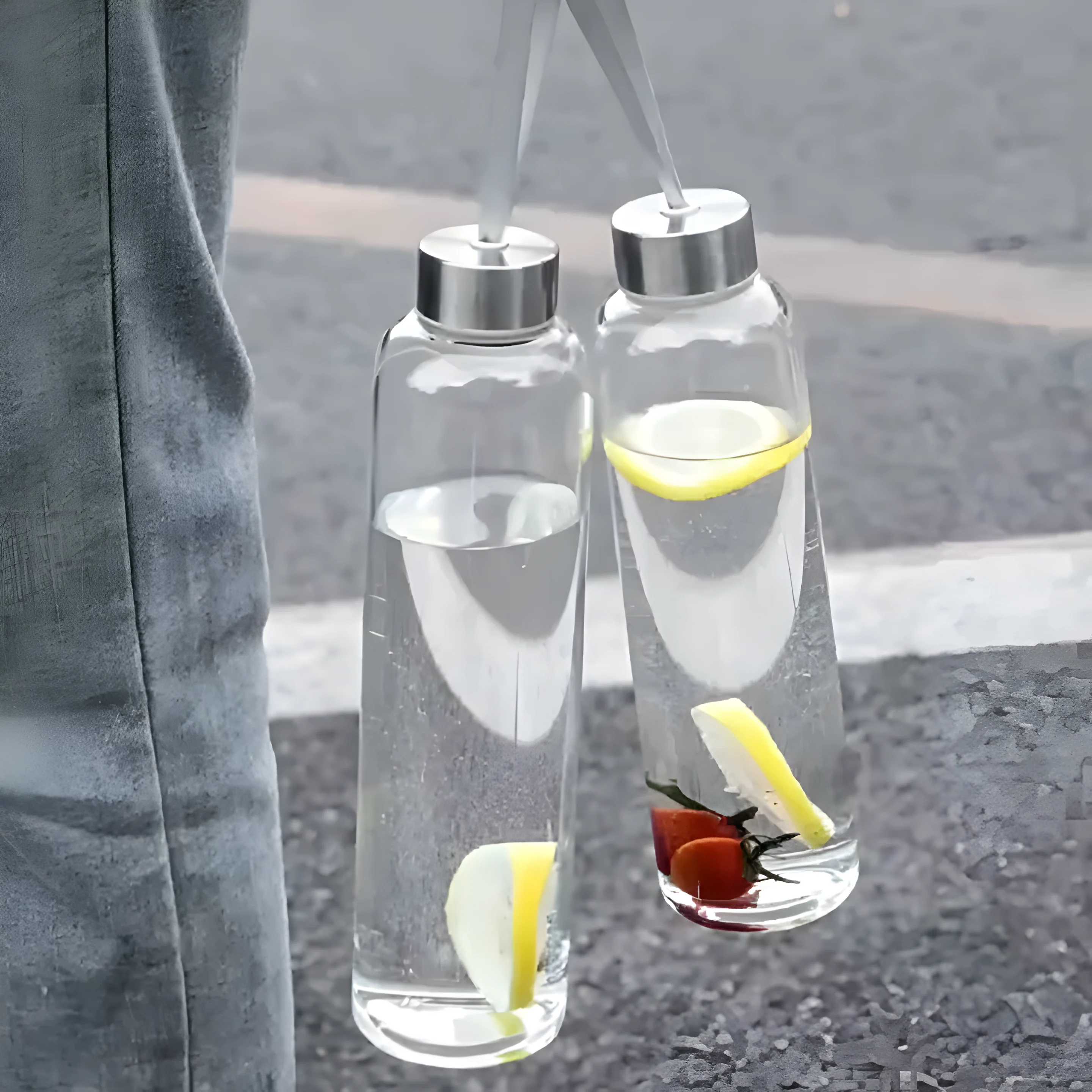 Cute Korean aesthetic glass water bottles with stainless steel lids and carry straps.